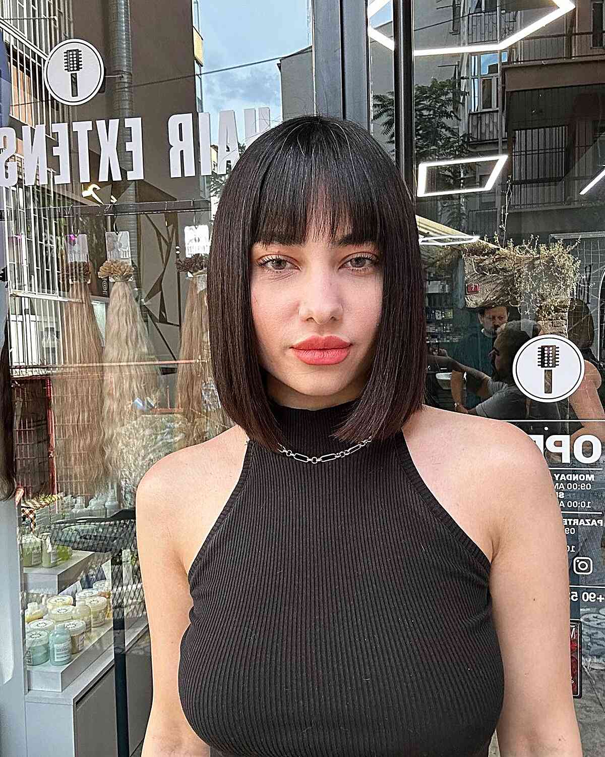 Chic Straight Hair with Blunt Bangs