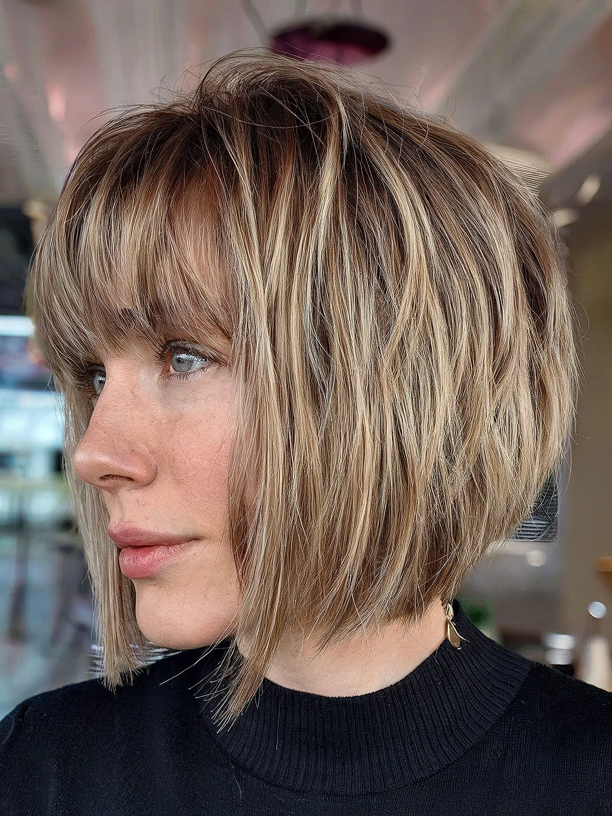 Layered Textured Bob for Fine Hair and Waterfall Bangs