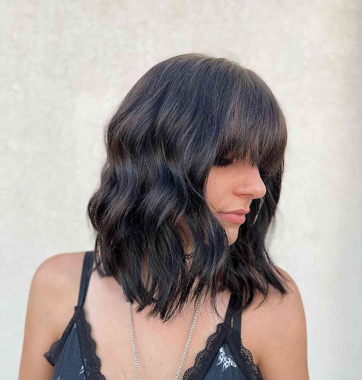Chic Textured Lob with bangs for dense hair medium layered