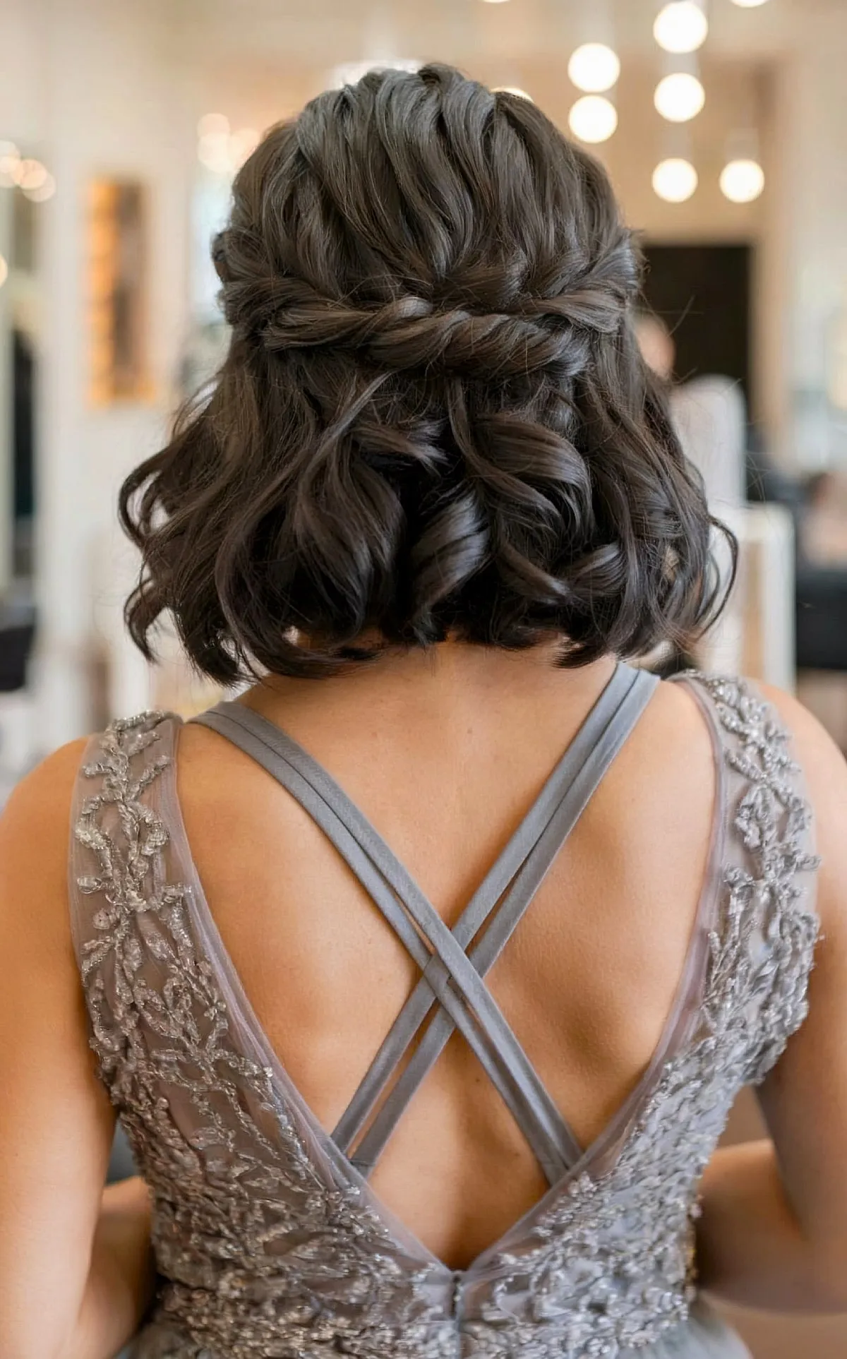 Chic Twisted Half-Updo with Short Voluminous Curls for Brunette Women with Thick Hair