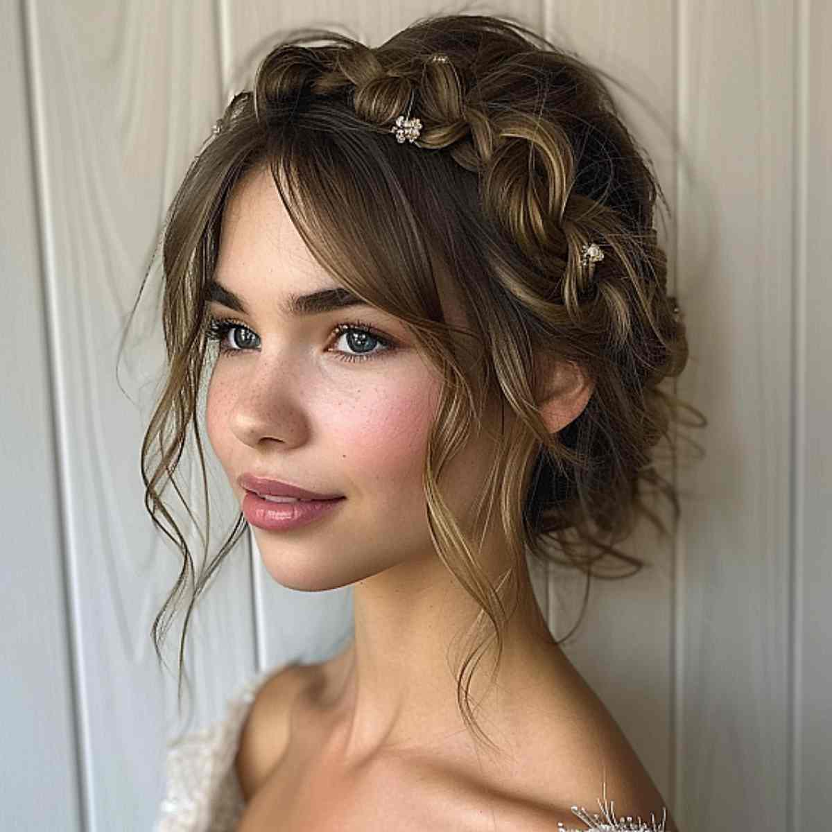 Chic Updo with Side-Swept Wispy Bangs