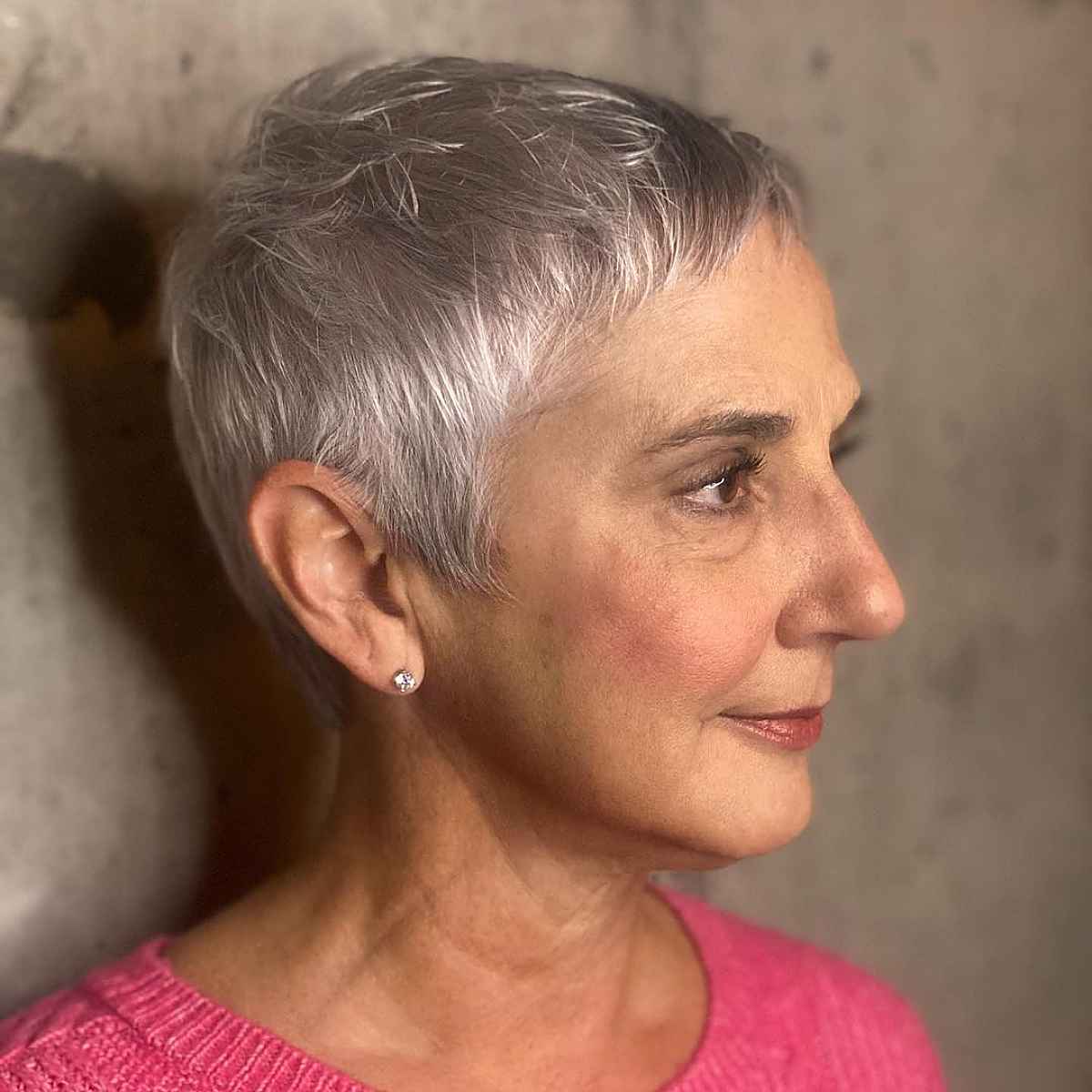 Chic Very Short Pixie on Over 50 Ladies with Thin Grey Hair