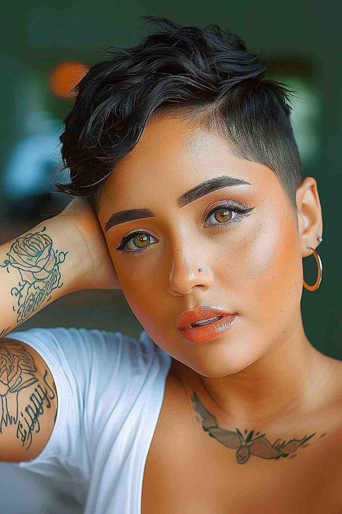 Woman with a stylish voluminous pixie haircut featuring sleek tapered sides