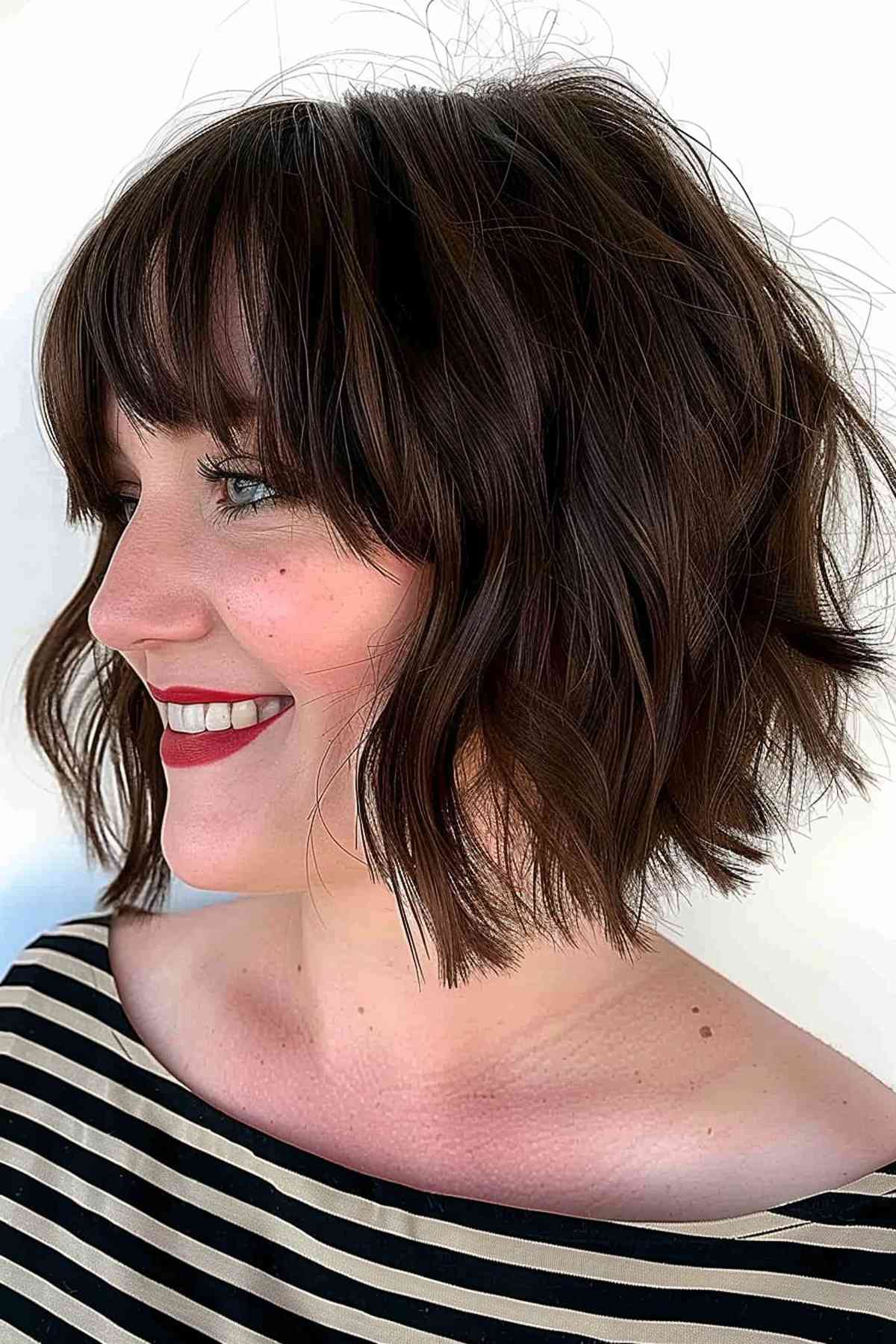 Stylish dark brunette wavy bob with a full bang, perfect for a youthful yet elegant appearance