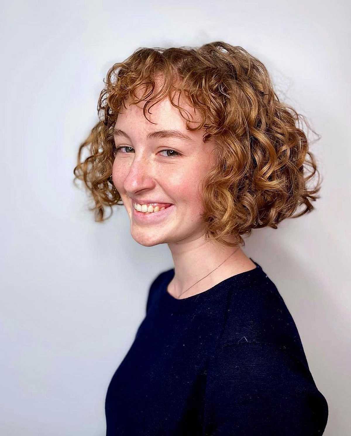 Chin-Length Curly Blunt Bob with Cute Short Bangs