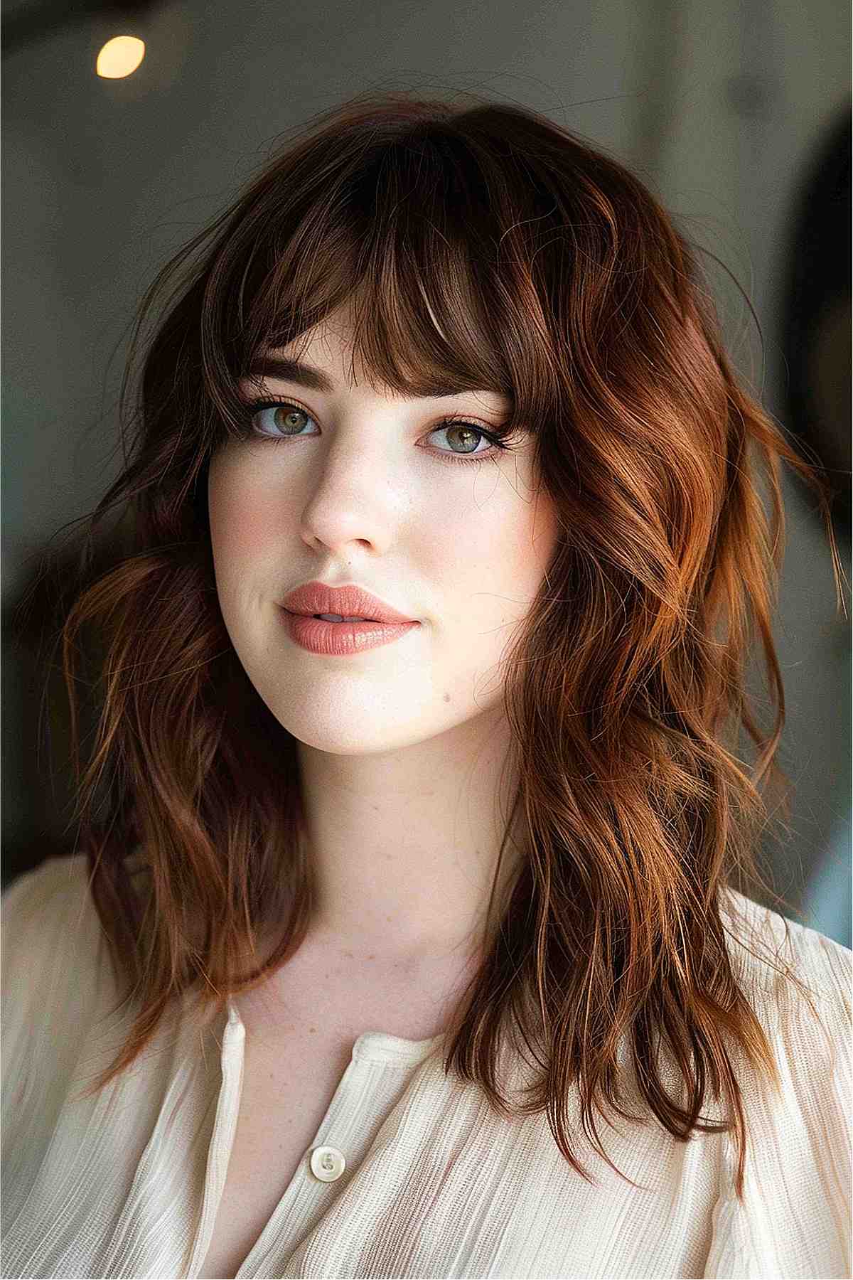 Chin-length layered waves with curtain bangs in rich auburn color for an oval face