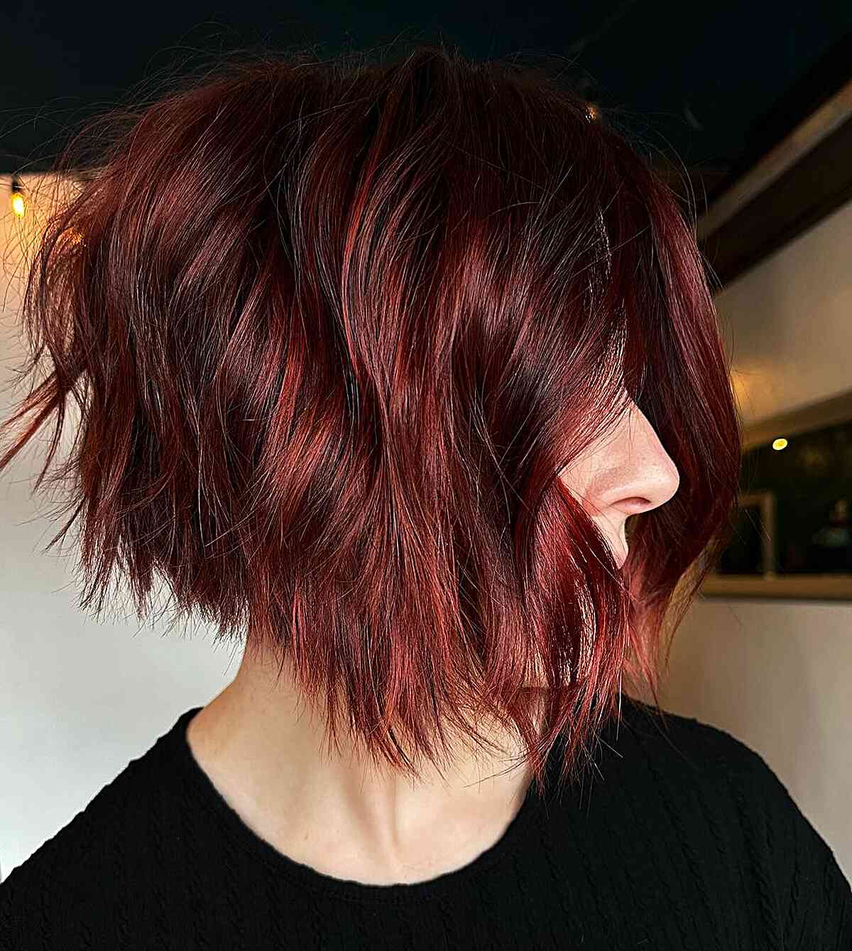 Chin-Length Red Stacked Inverted Choppy Bob with Gentle Tousled Layers