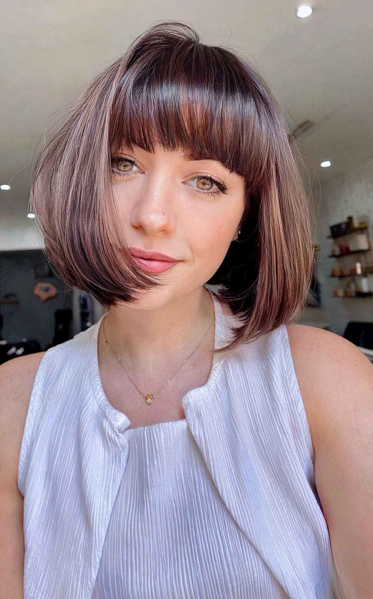 Chin-Length Bouncy Rounded Bob with Full Bangs