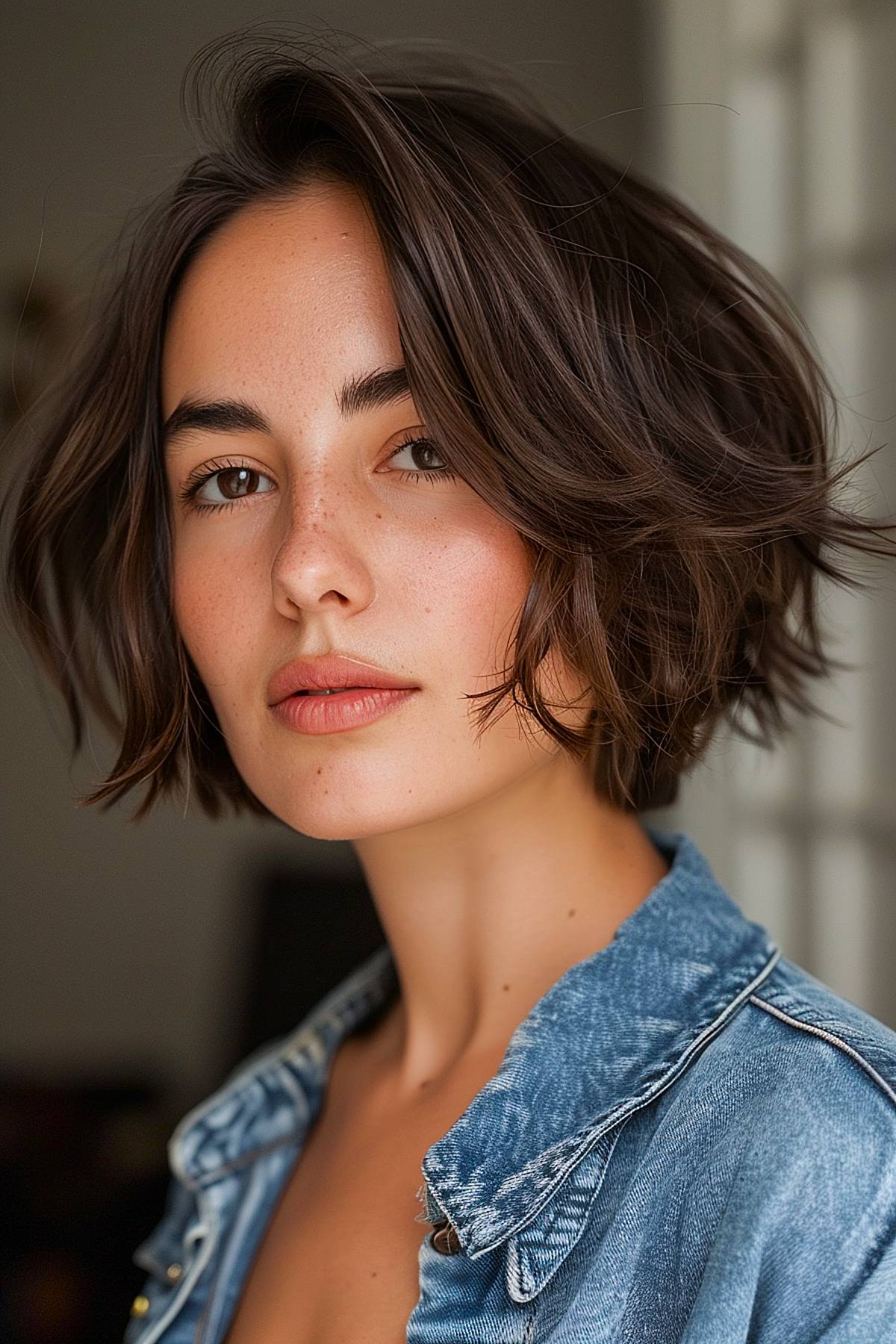 Chin-length textured bob with layers for fine hair