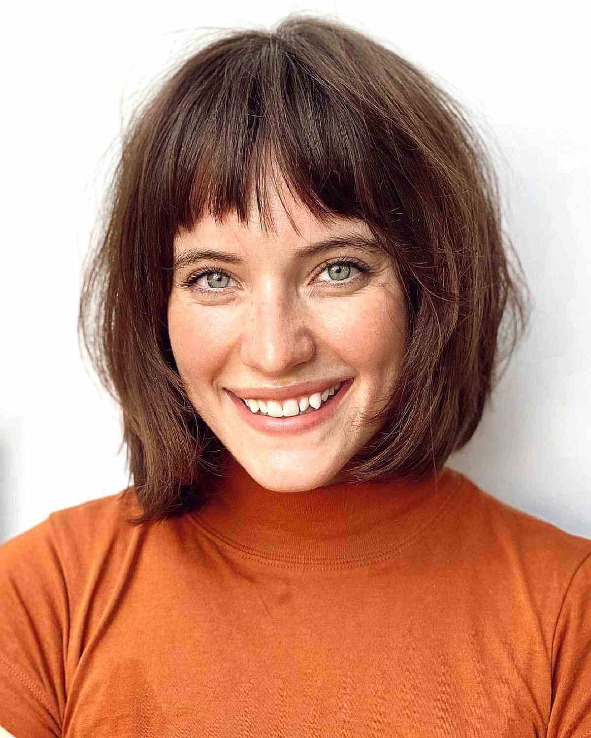 Chin-Length Tousled Hairstyle with Wispier Bangs for Oval Face Shapes