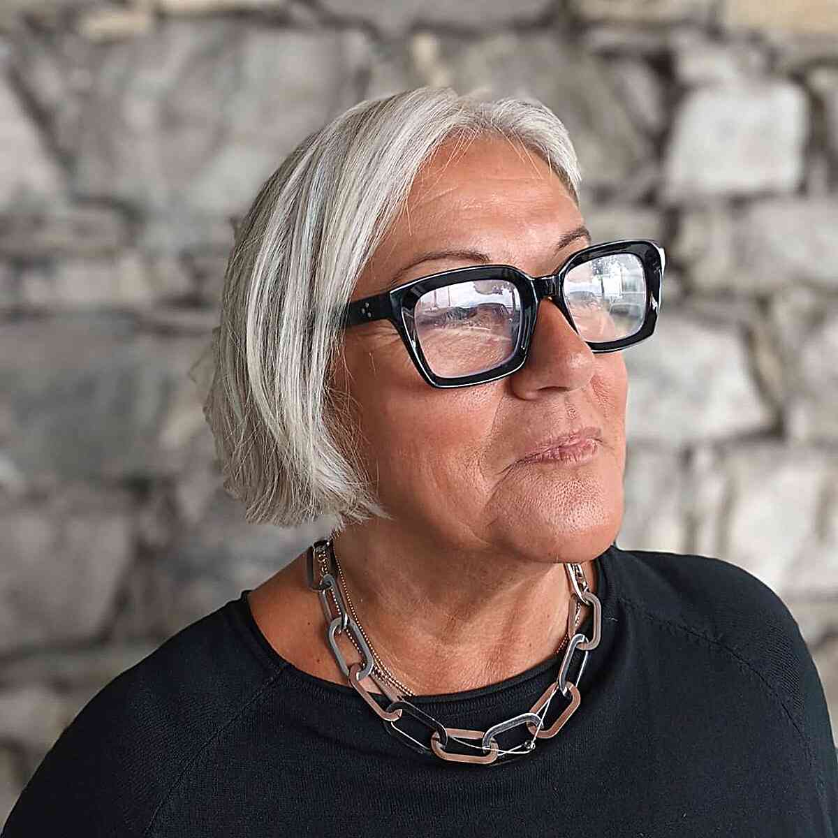 Chin-Length White Bob with Straight Edges for Older Ladies Over Fifty with Glasses