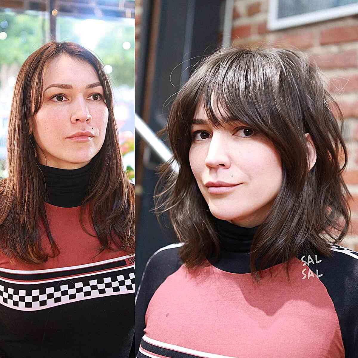 Above-the-Shoulder Chocolate Brown Bob with Fringe for women with a charming style