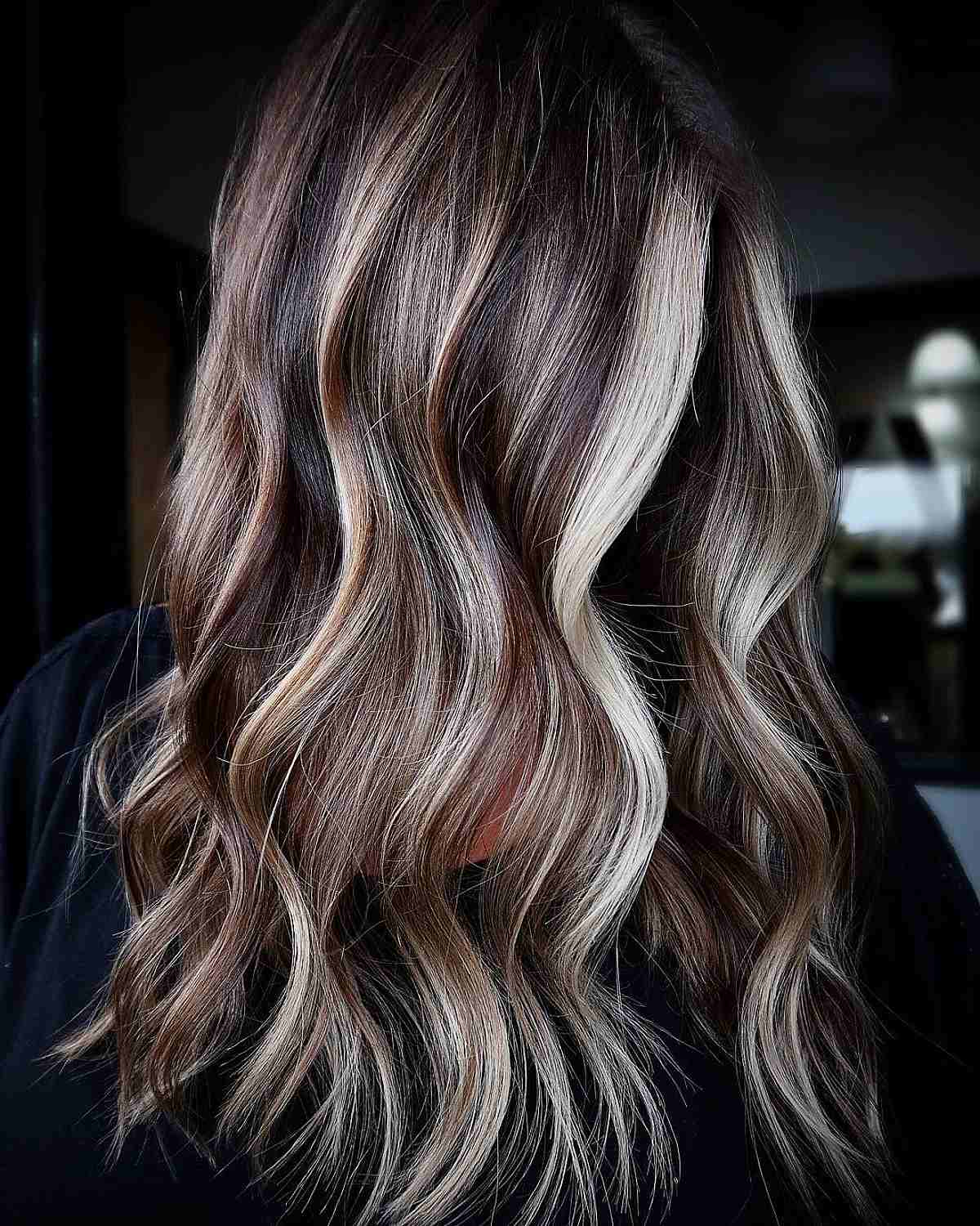 Chocolate Brown with Platinum Blonde Balayage Highlights and a Framing Piece