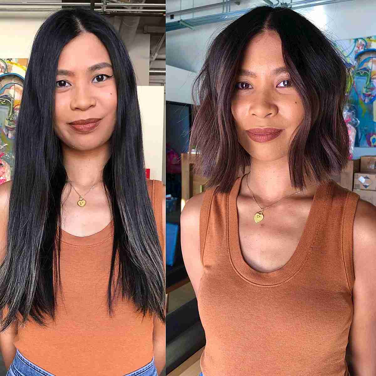 Chocolate Face-Framing Blunt Bob Cut with a Middle Part