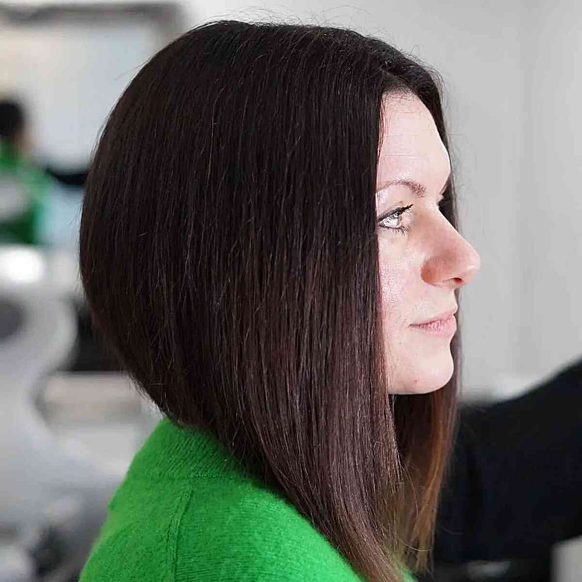 Chocolate Sleek Inverted Lob hairstyle for women with shoulder-length hair