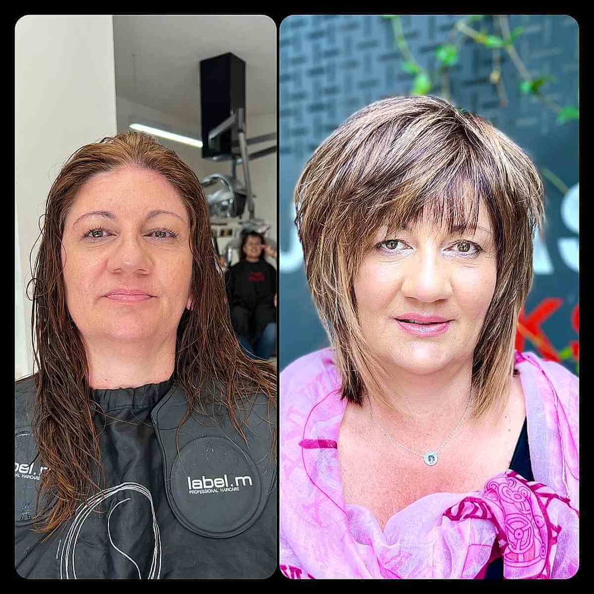 Choppy Layered Bob with Golden Balayage and Bangs