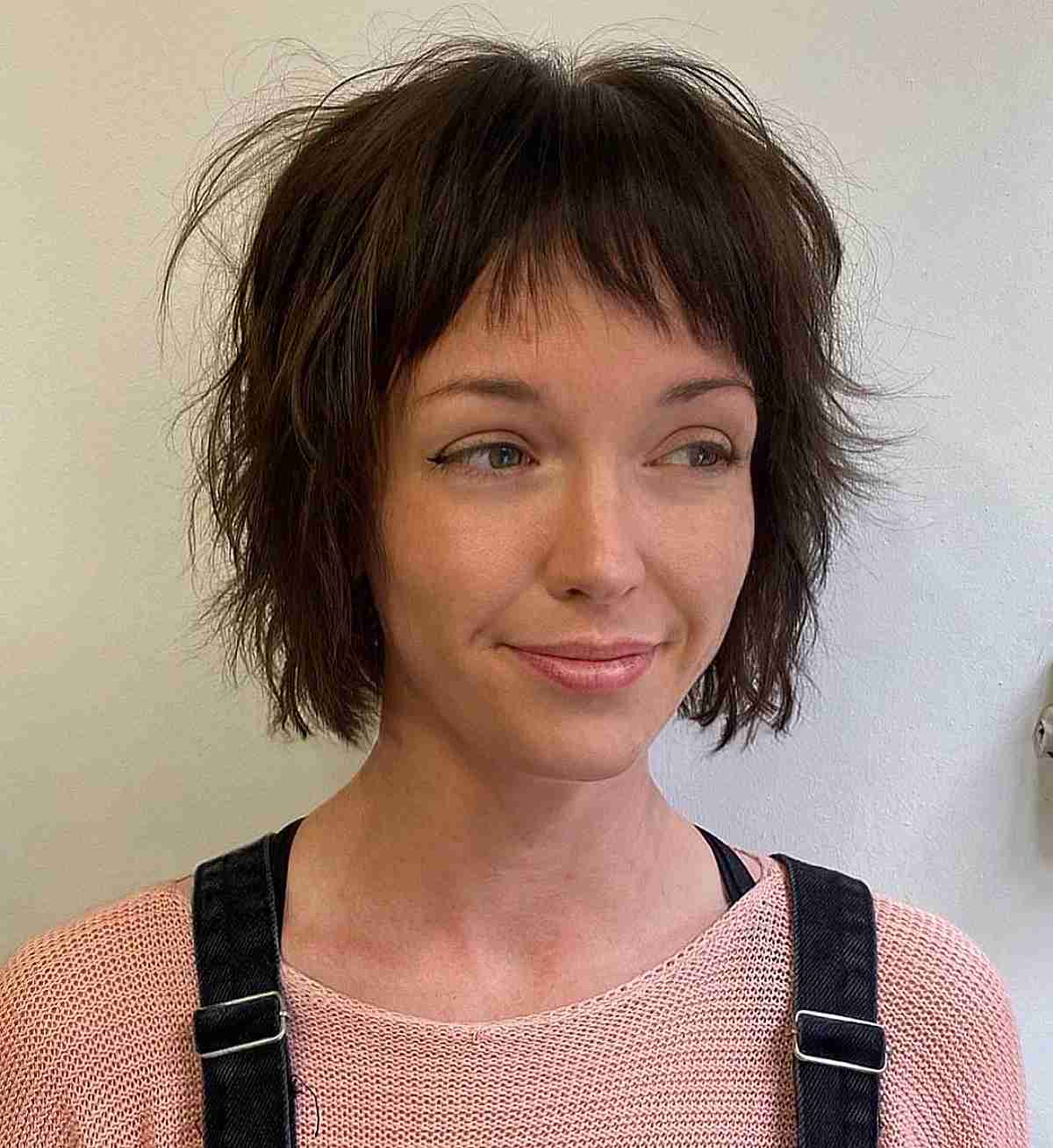 Chin-Length Choppy Brunette Bob with Micro Bangs