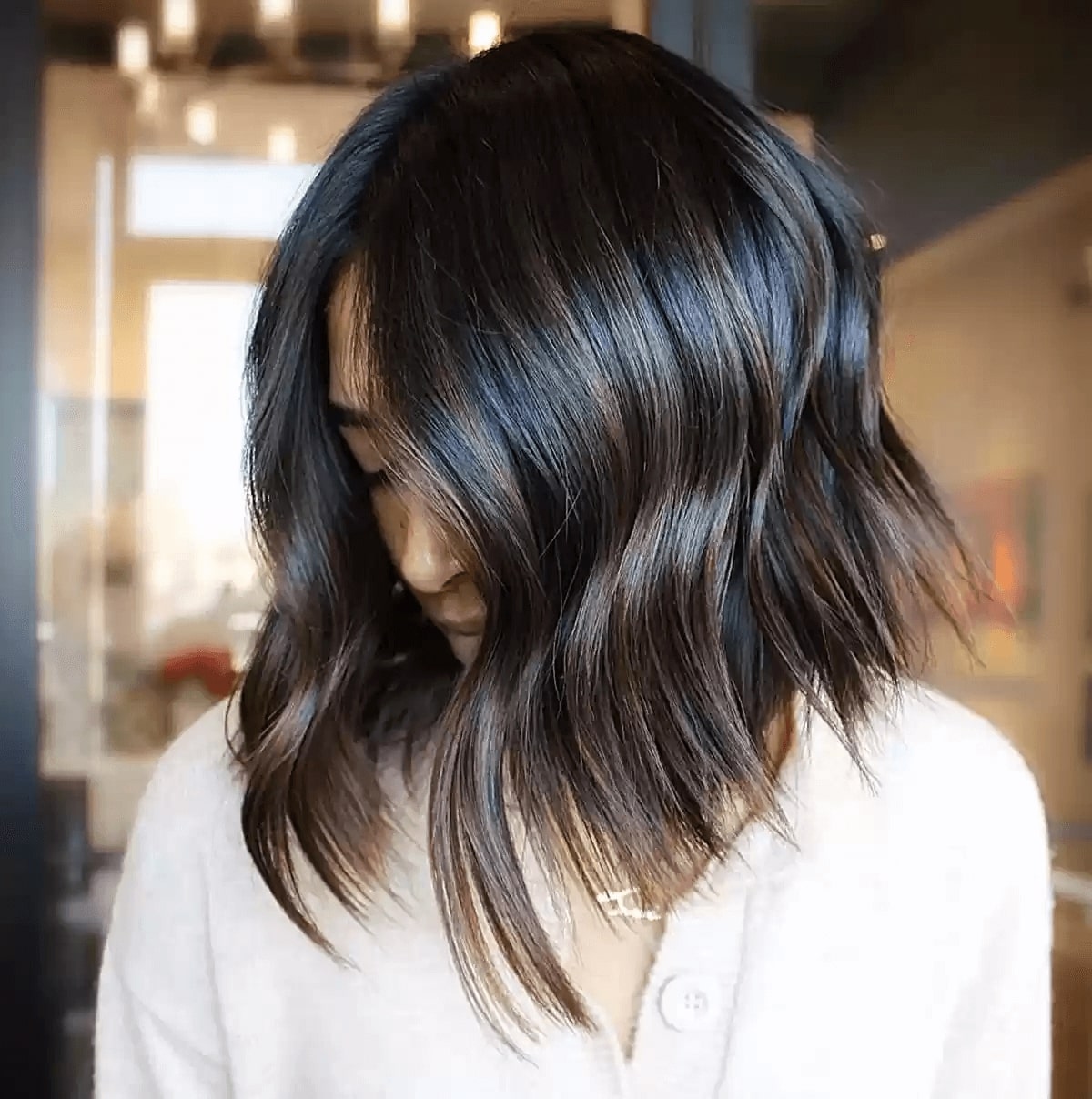 Choppy Mid-Length Cut with Milk Chocolate Color for Fine Hair