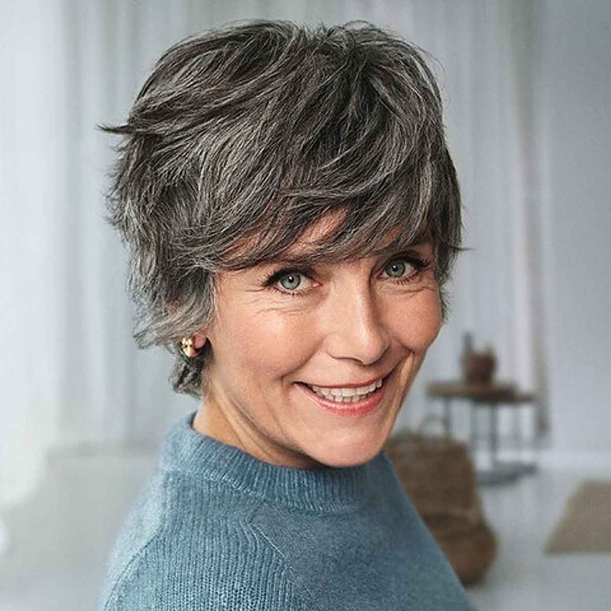 Choppy Layered Pixie with Bangs for Gray and White Hair