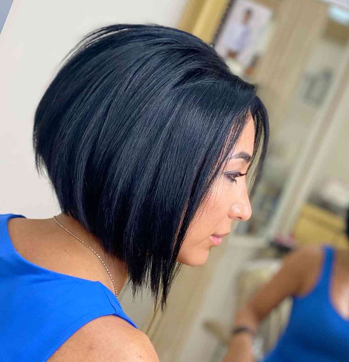 Short Jet Black Bob Featuring Choppy Layers