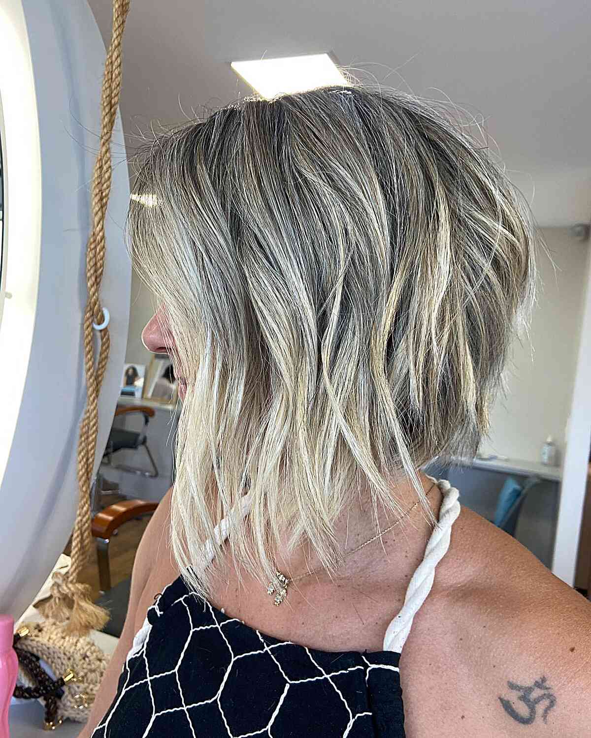 short, choppy angled bob hairstyle