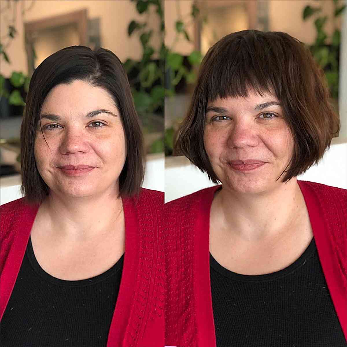 Choppy Short Bangs on an Adorable Above-the-Shoulder Bob Haircut for round faces