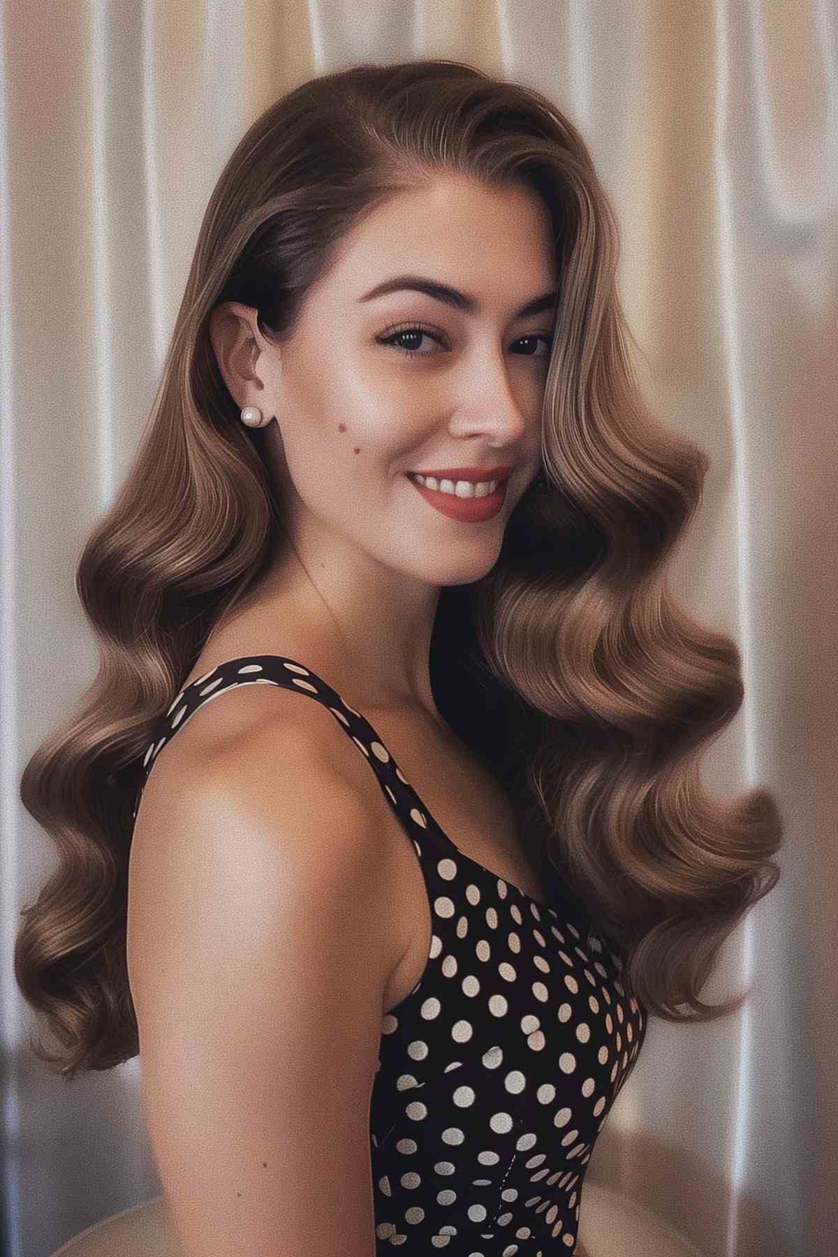 Woman showcasing 50s-inspired Hollywood waves with a bold side part hairstyle
