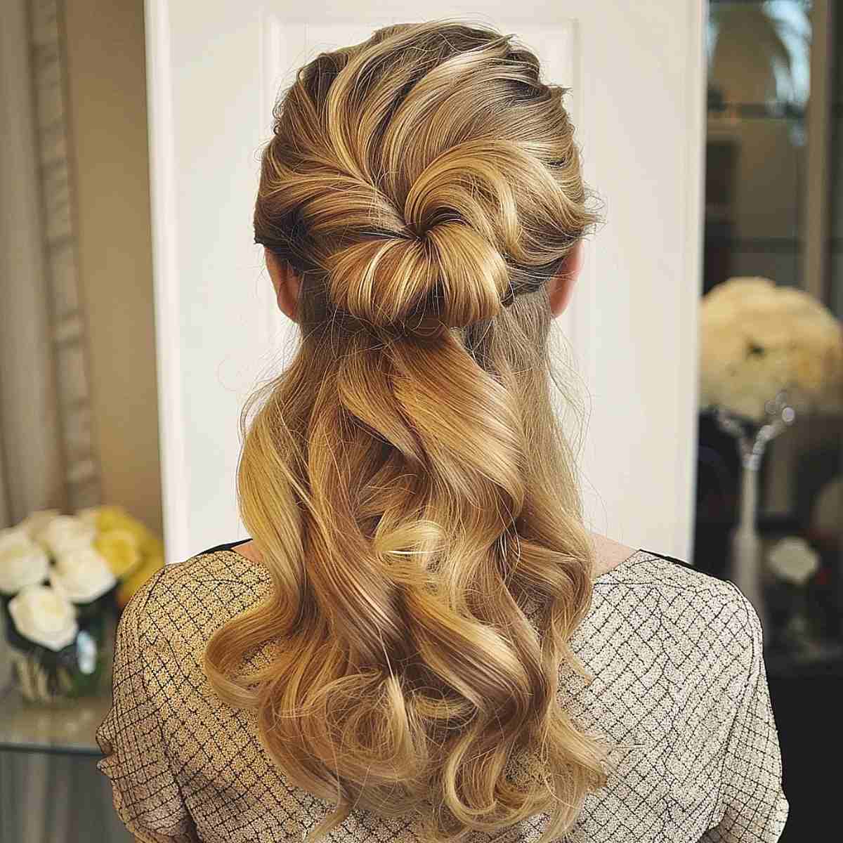 Image of a classic-inspired half updo for long hair and prom