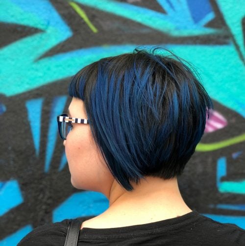 Contemporary bob with short bangs in blue black shade