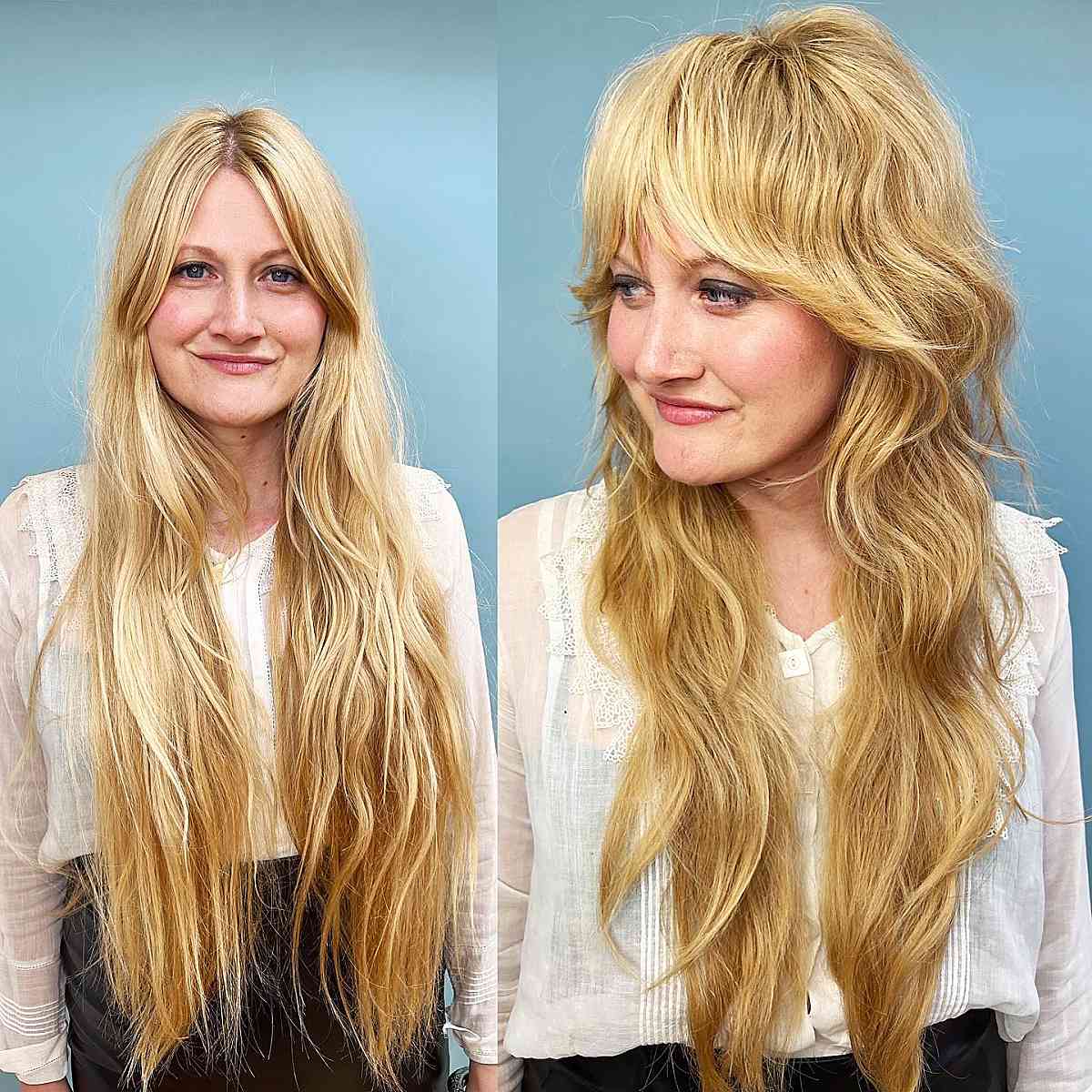 Contemporary honey golden blonde on wavy locks