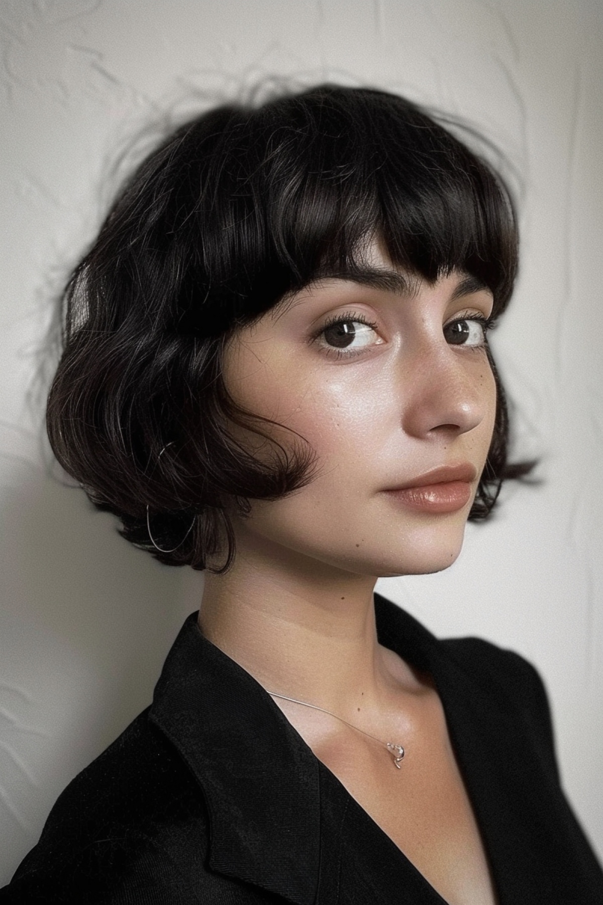 Contemporary pageboy haircut featuring gentle waves and a straight fringe