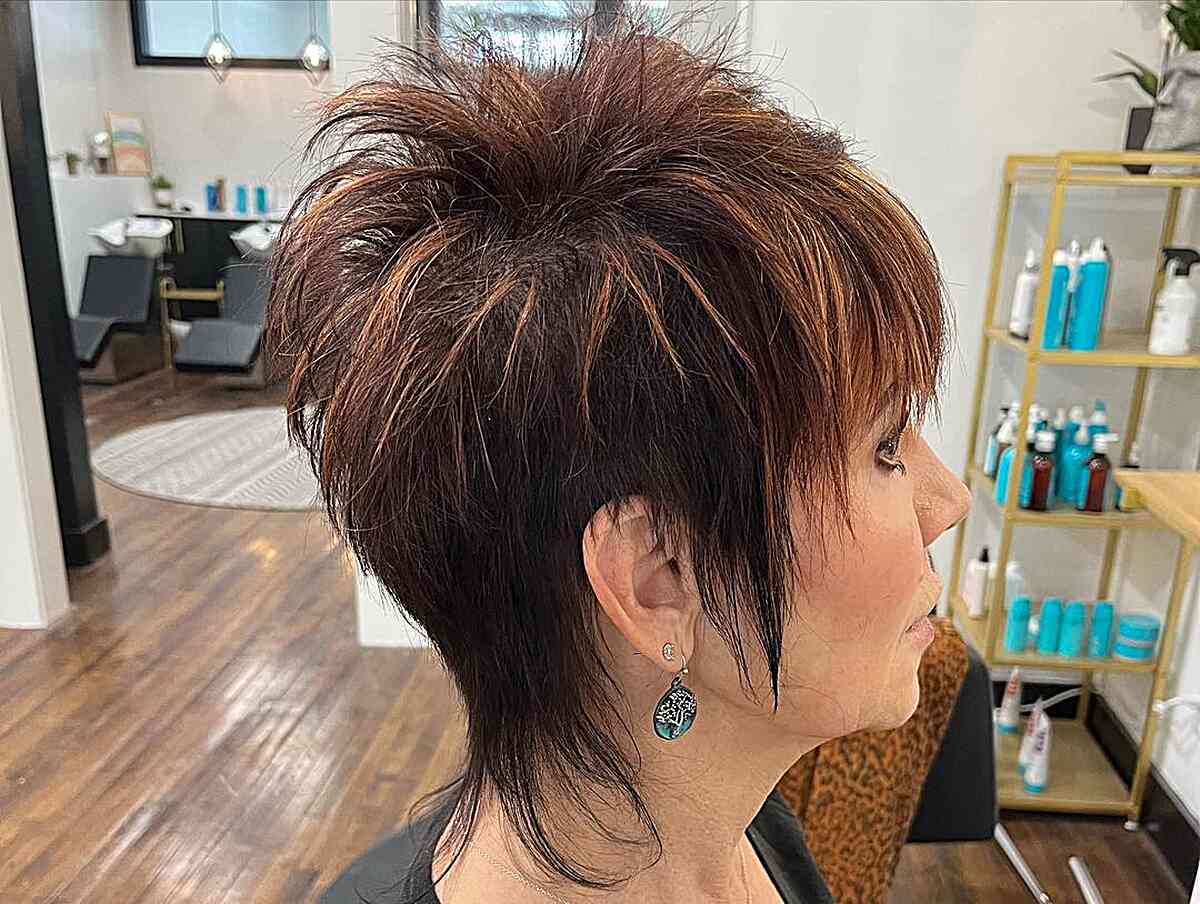 Copper-Highlighted Rocker Pixie Shag for Older Women