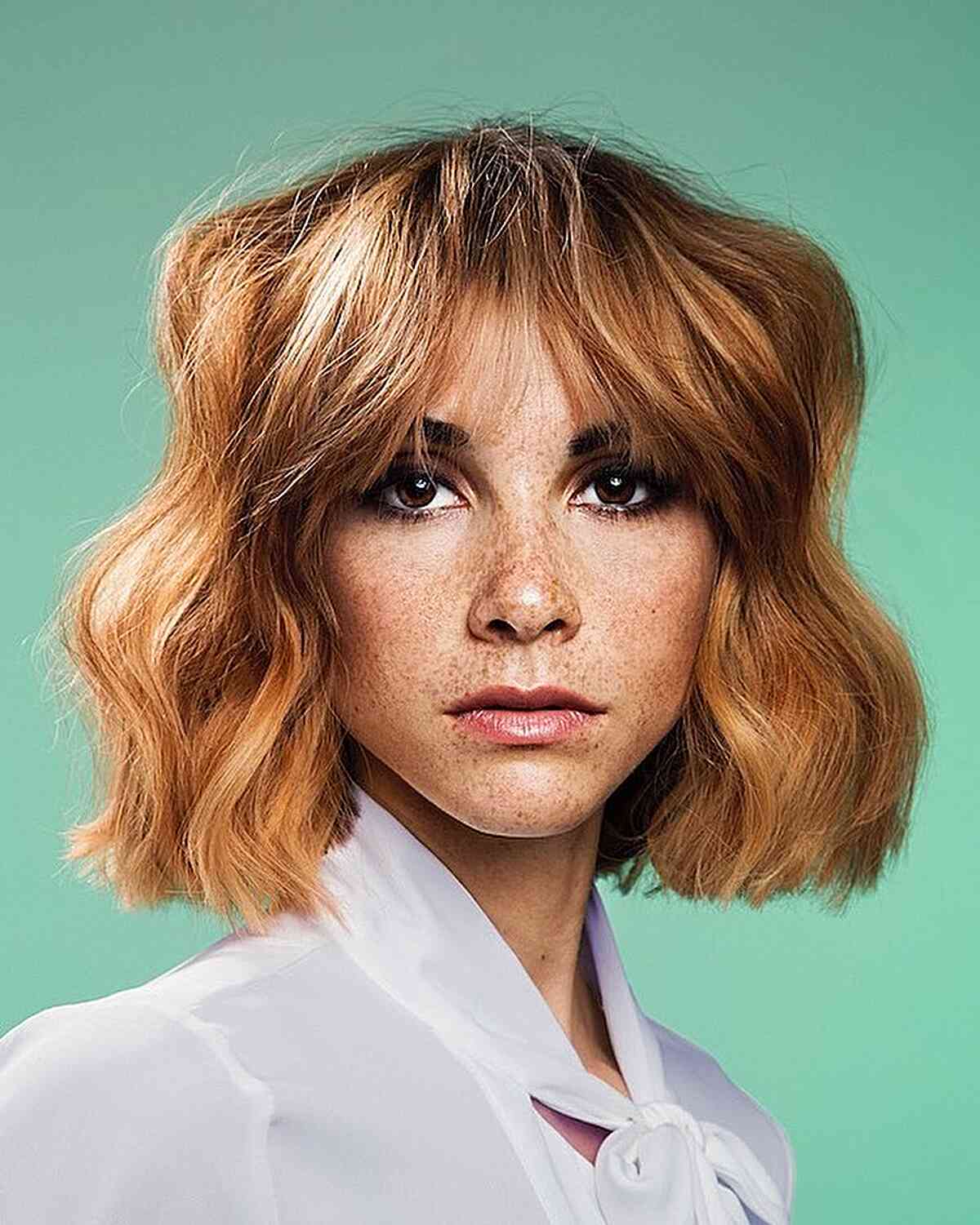 Copper Wavy Bob with Bangs for Thick Hair