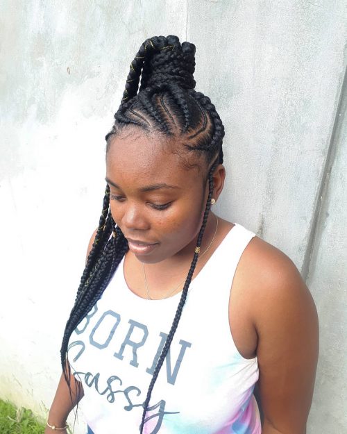 Stylish cornrow high ponytail with bangs for black women