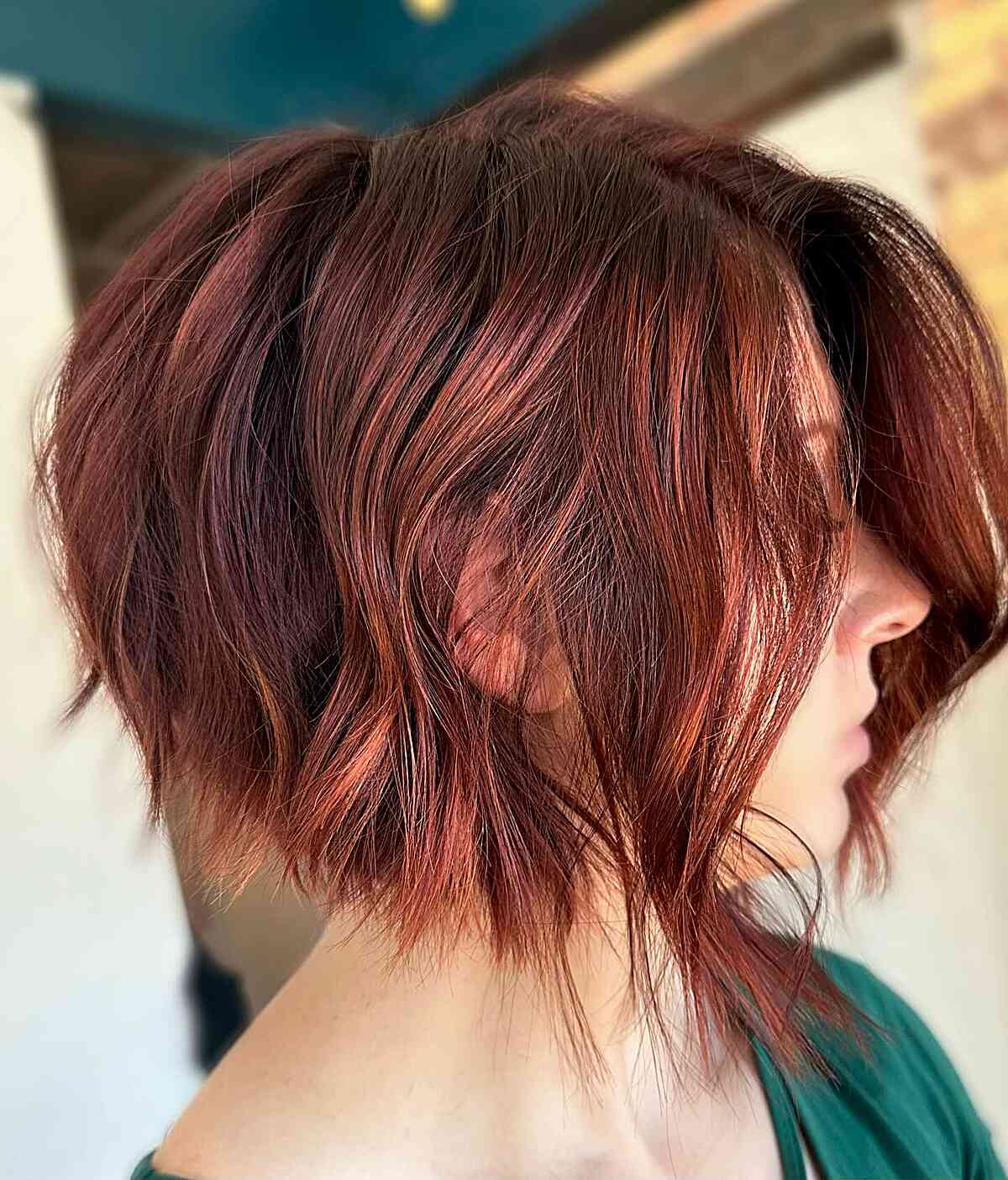 Short Crimson Angled Bob Hairstyle