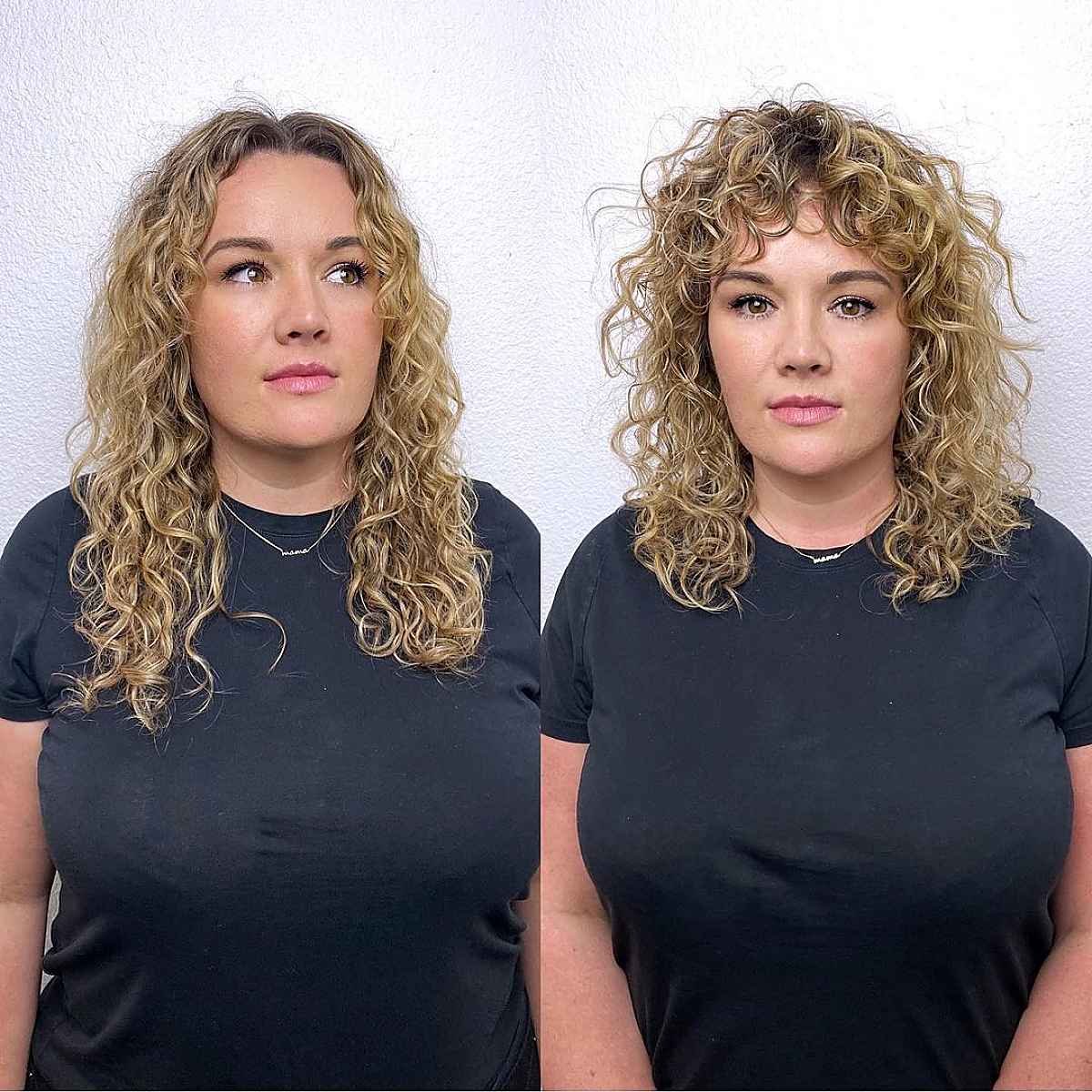 blonde curls featuring a fringe