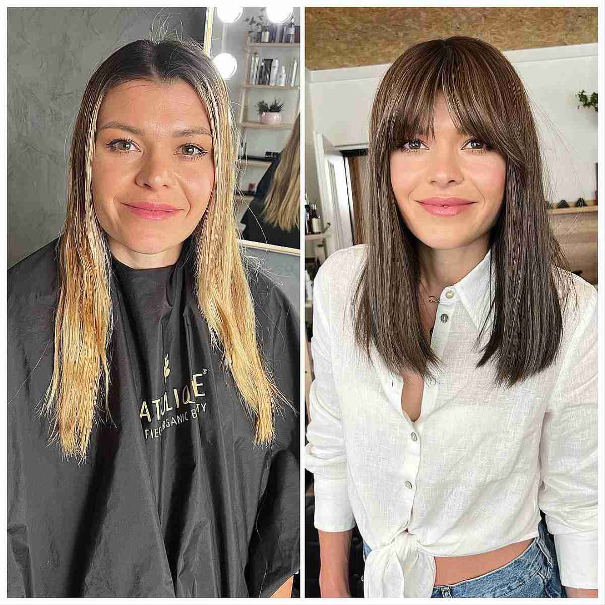Curtain Bangs on Straight Mid-Length Brunette Hair