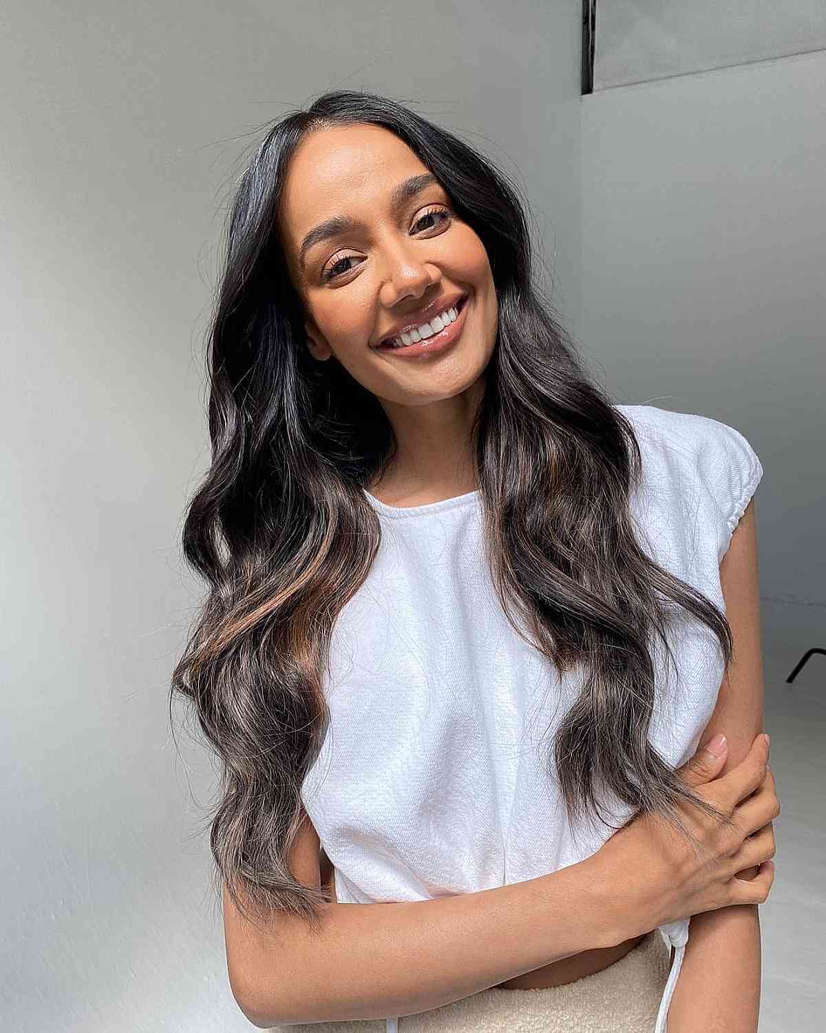 Dark Balayage Long Hair with Light Brown Highlights