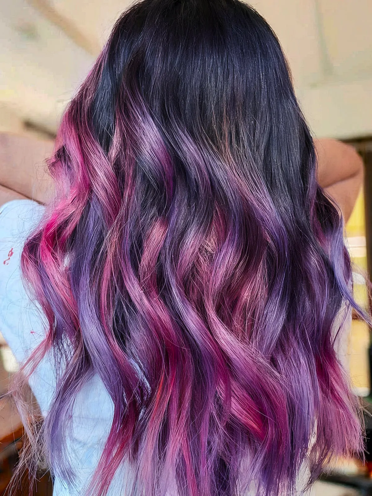 Dark Hair Shade with Pink and Purple Highlights for Winter