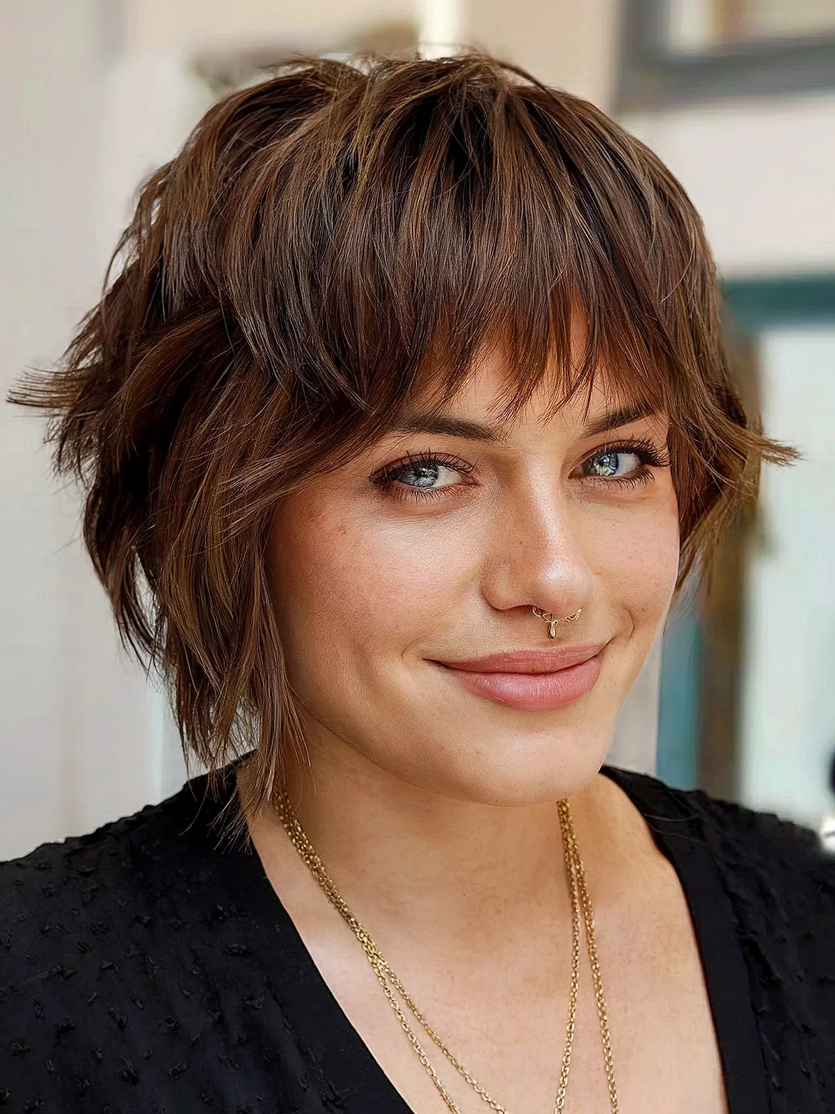 Short Darling Chop Bob with Layers and Bangs for women with thick hair