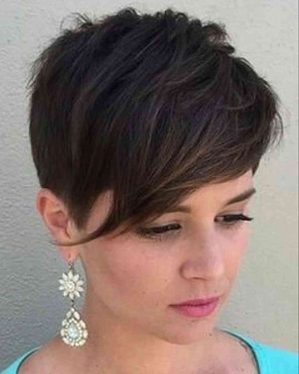Deep Brown Pixie with Cascading Long Fringe