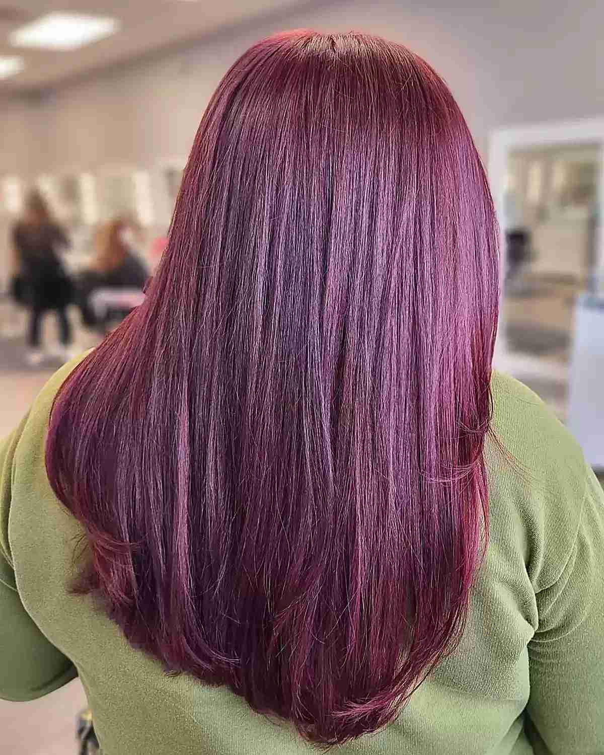 Deep Burgundy Hair Color with Subtle Purple Undertones on Sleek, Straight-Haired Women