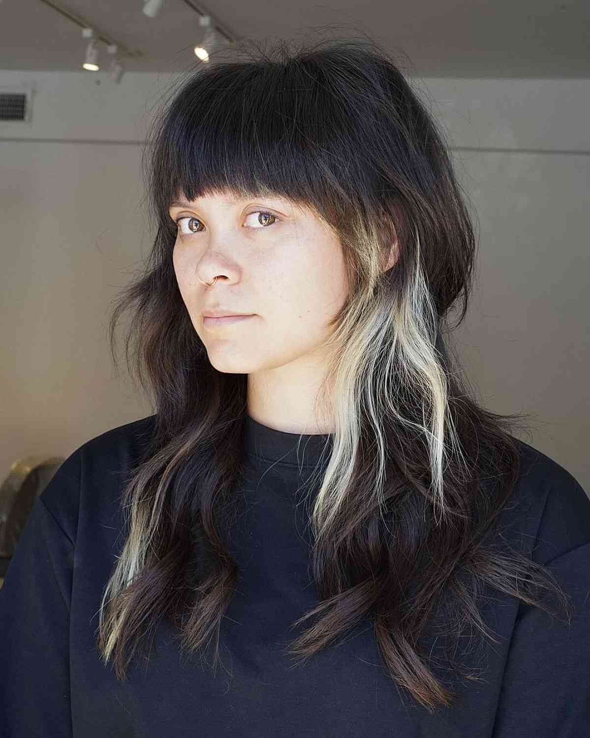 Deep Chocolate Shag with Sun-Kissed Blonde Highlights and Fringe
