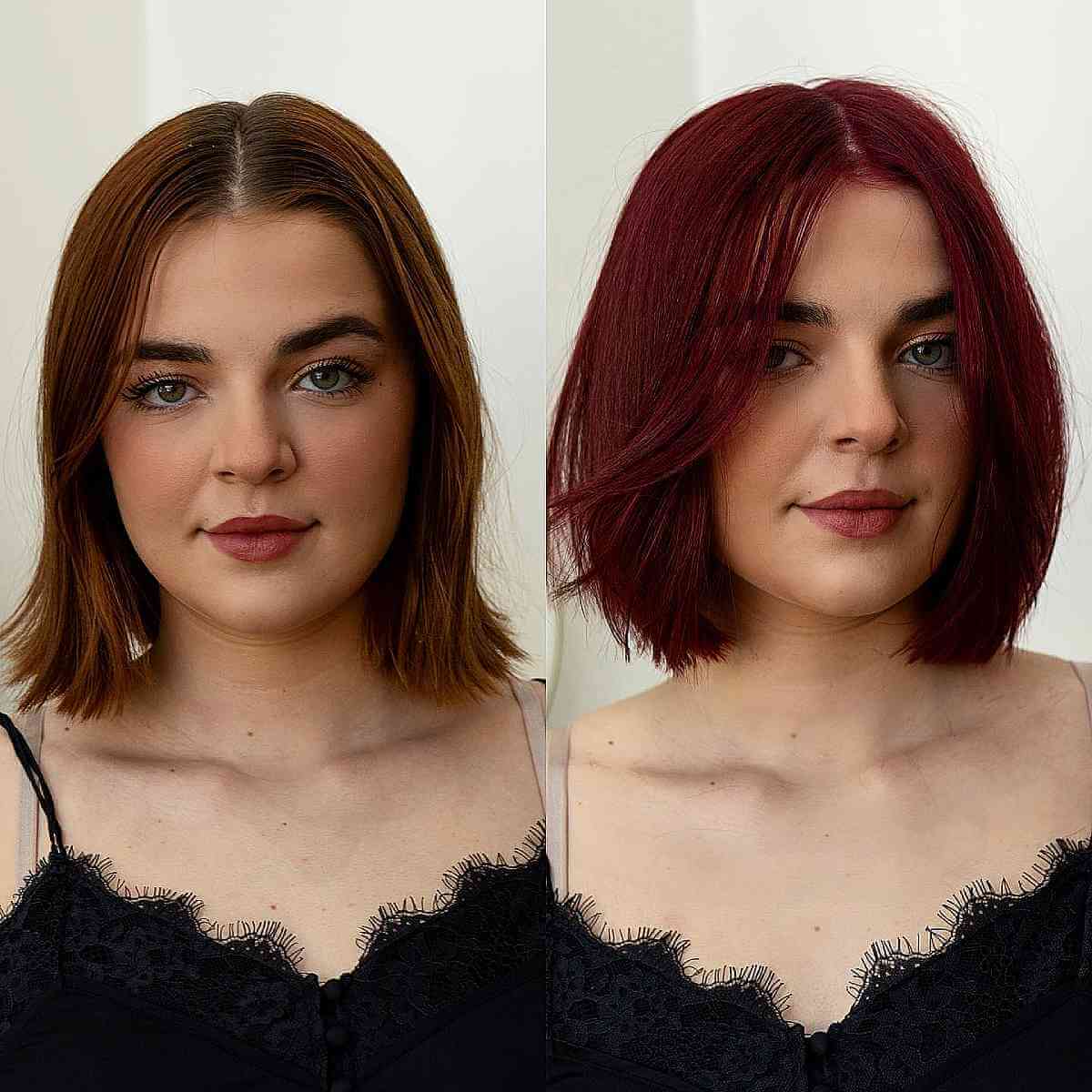 Chic Deep Crimson Bob Hairstyle for Round Faces