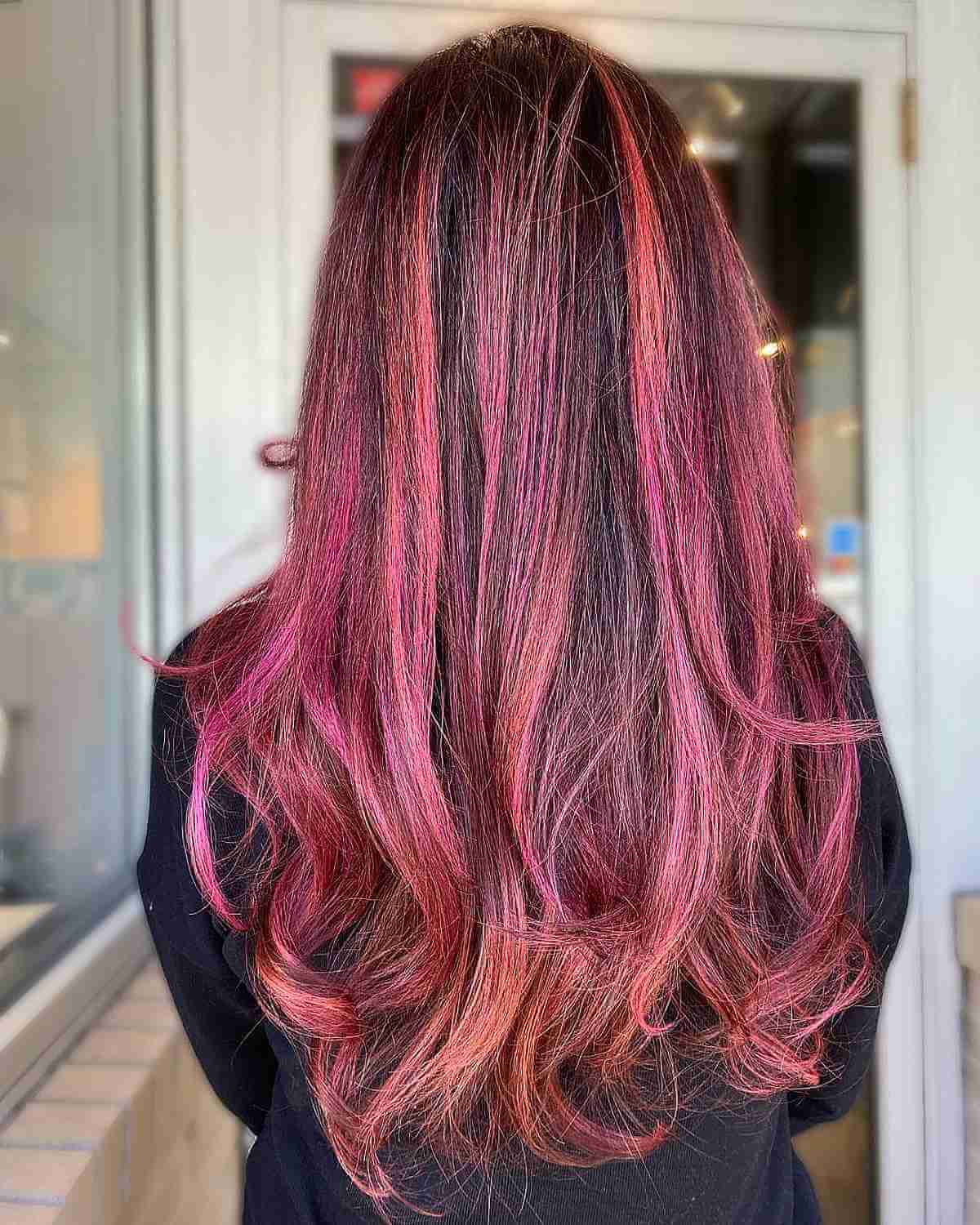 Deep Pink Balayage Highlights with Flowing Layers