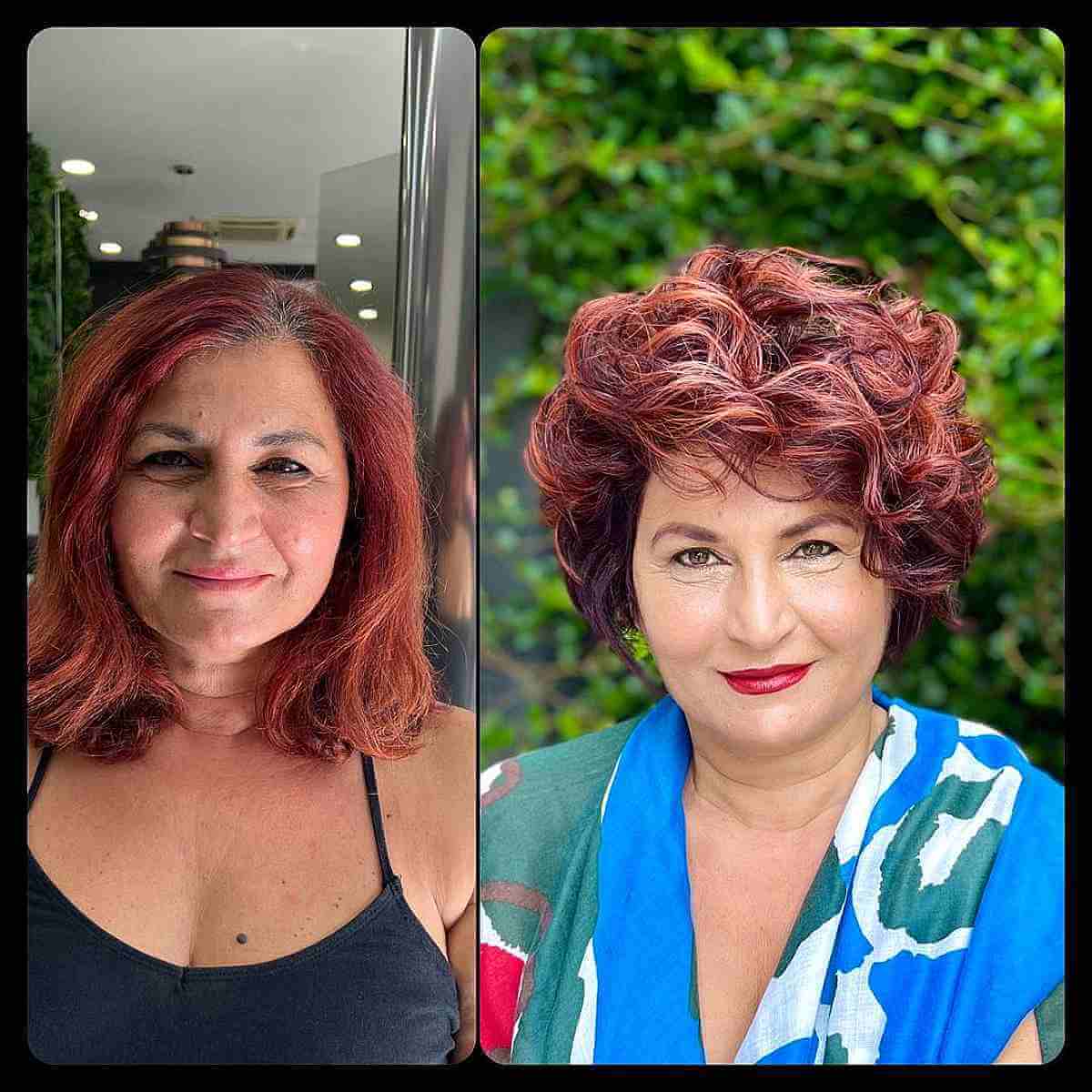 Deep Red Curled Bob for Mature Women