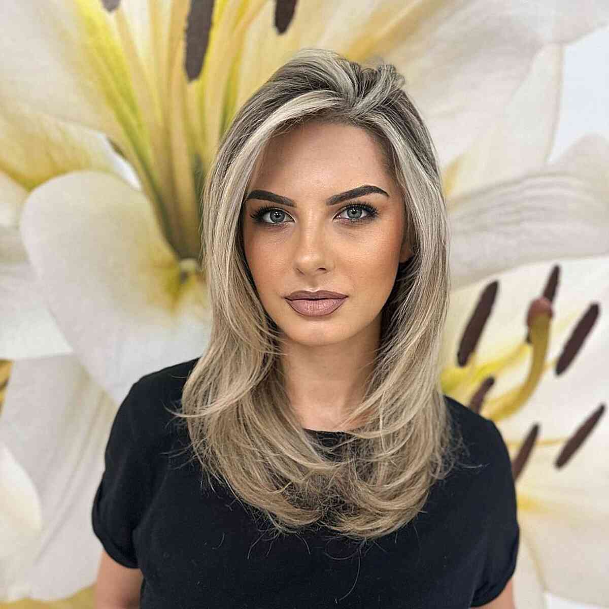 Deep Roots + Blonde Balayage for women with long straight hair