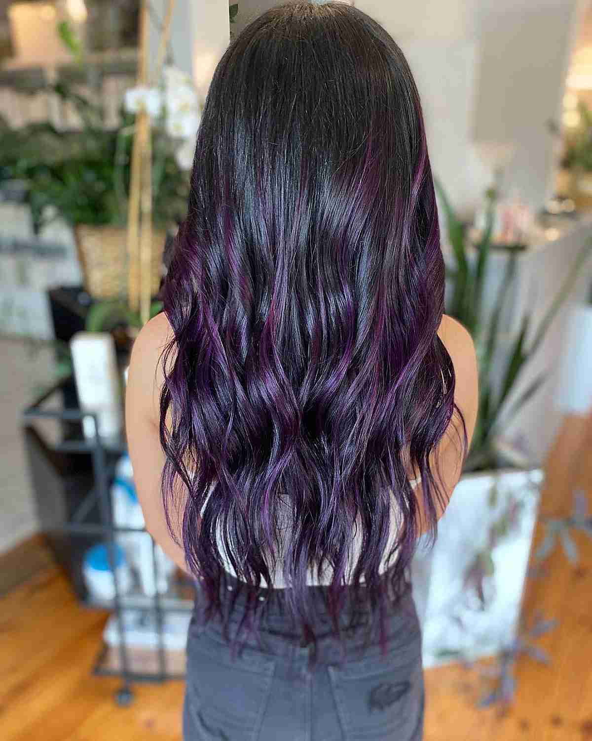 Deep Violet Purple Balayage Highlights on Dark Hair