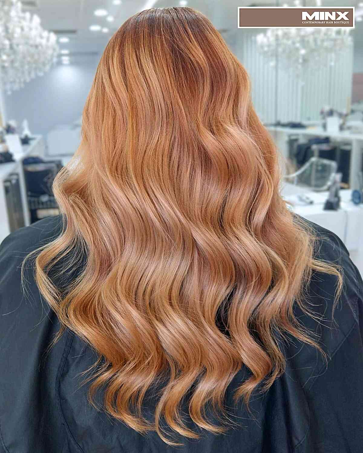 Medium-Length Wavy Strawberry Blonde Balayage Delicate Copper Red Tresses