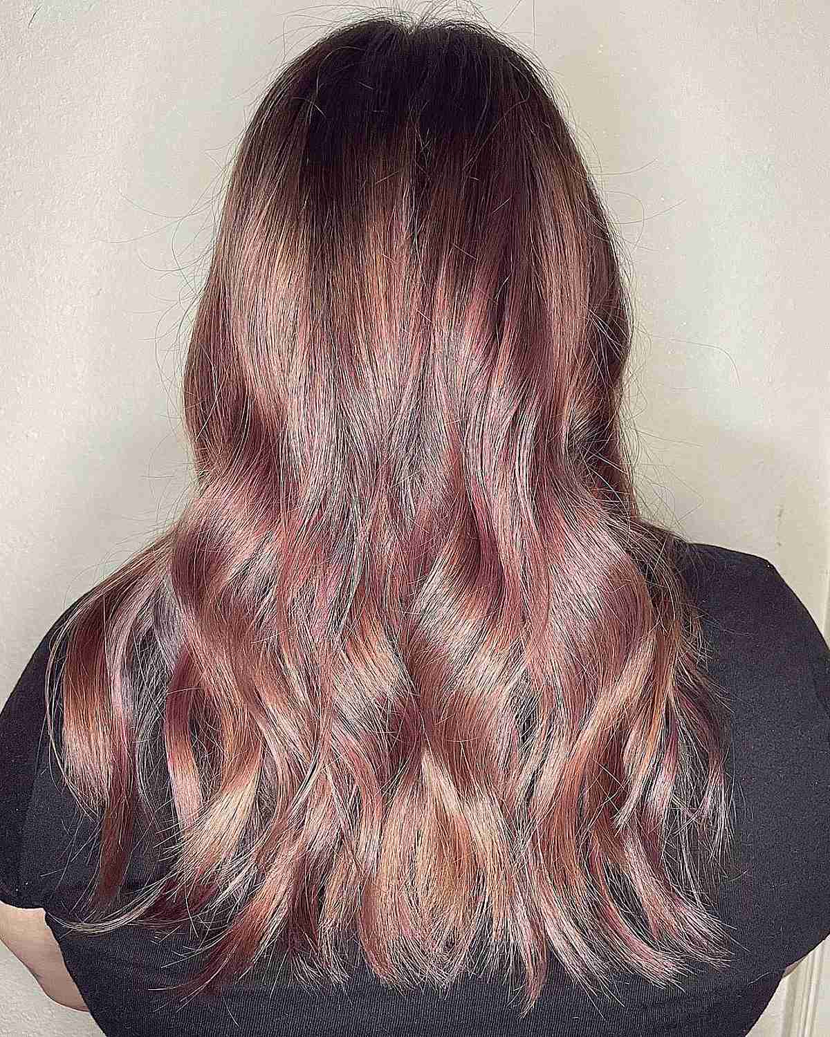 Delicate Rose Gold Tint on Balayage Hair